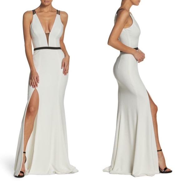 NEW DRESS THE POPULATION Off White & Black LANA Plunge Neck MERMAID Slit GOWN XL - Picture 2 of 16